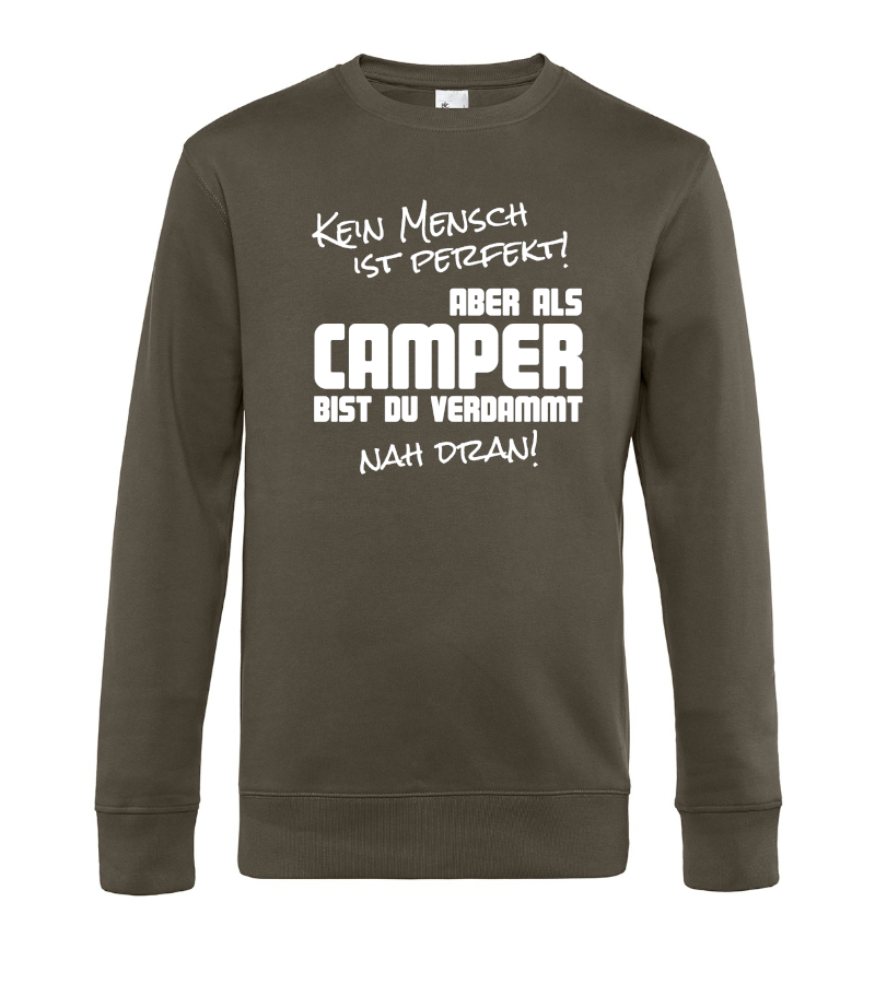 camper-kleidung-camping-sweatshirt-pullover-kein-mensch-ist-perfekt-khaki Kein Mensch ist perfekt! Camping Sweatshirt / Pullover (Unisex)