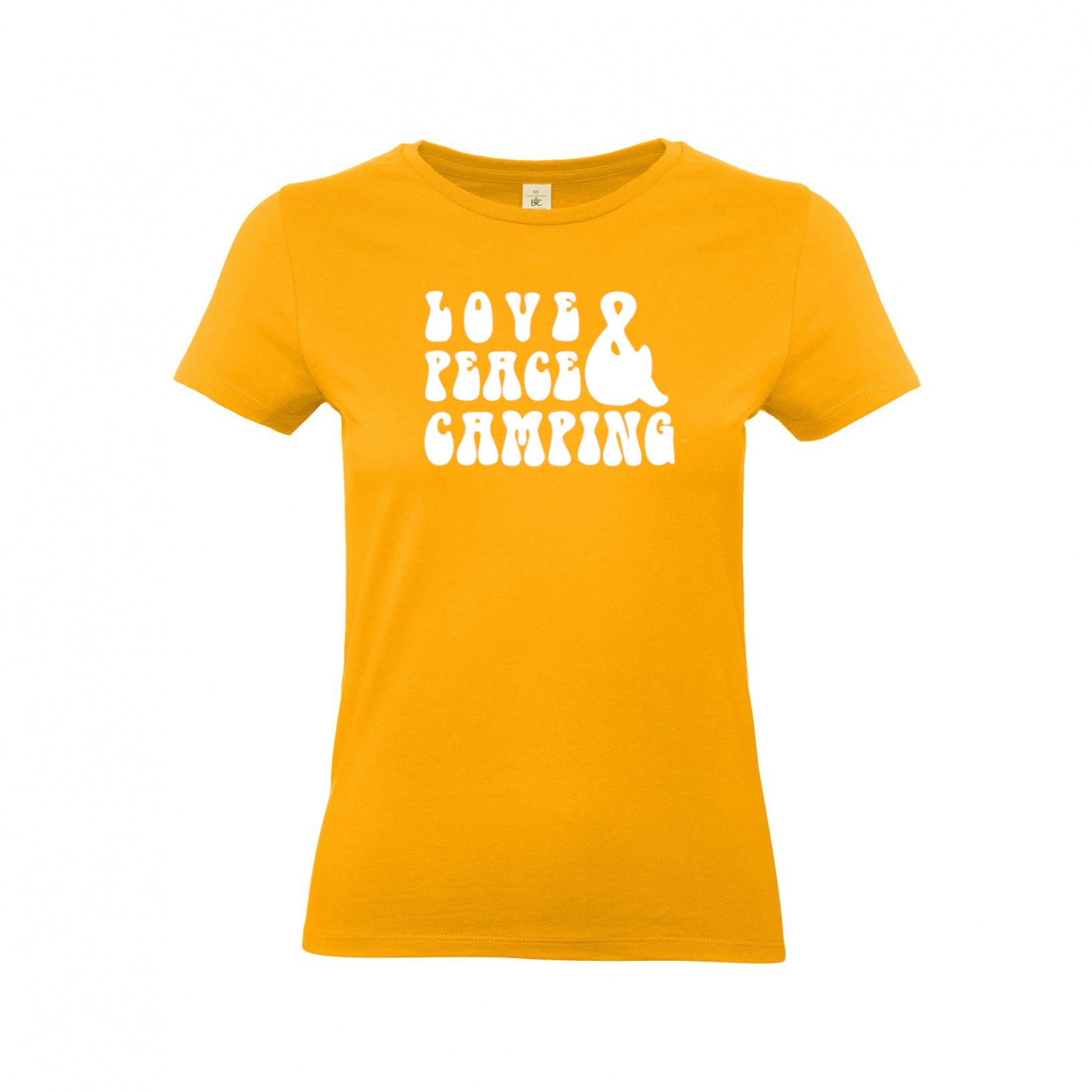 Damen-Camp-Kleidung-T-Shirts-fuer-Camper-Love-Peace-Camping-Apricot